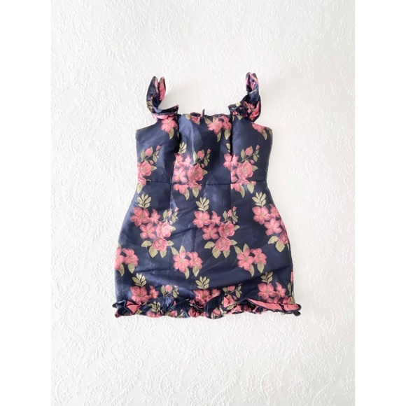 NWOT Lulus Pop the Bottle Navy Blue Floral Jacquard Ruffled Mini Dress XLarge - Picture 2 of 8